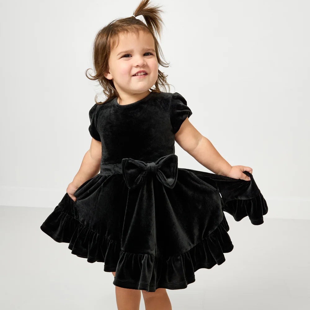 Little Sleepies Black Velvet Tiered Bow Trim Dress – Size 8